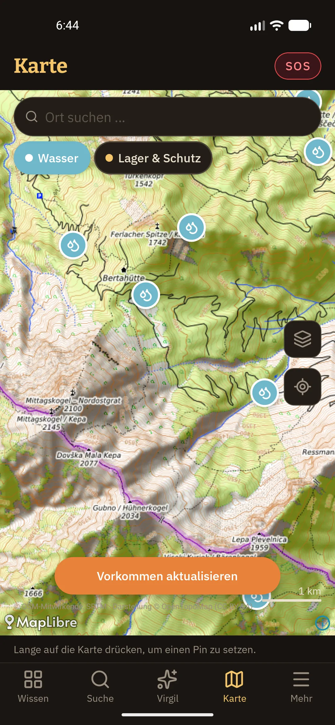 Offline-Karte in der Urfunke-App mit markierten Wasserstellen und Lagerplätzen