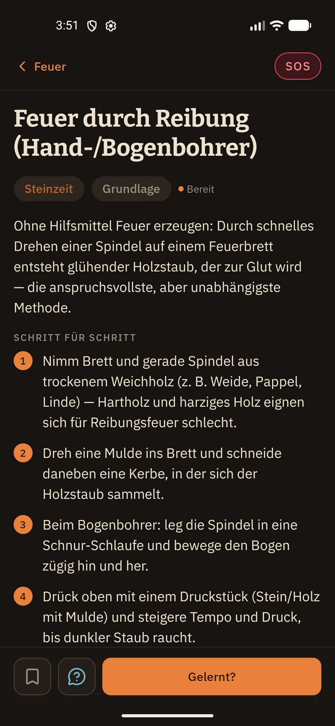 Geöffnete Wissens-Seite zum Thema Feuer machen in der Urfunke-App