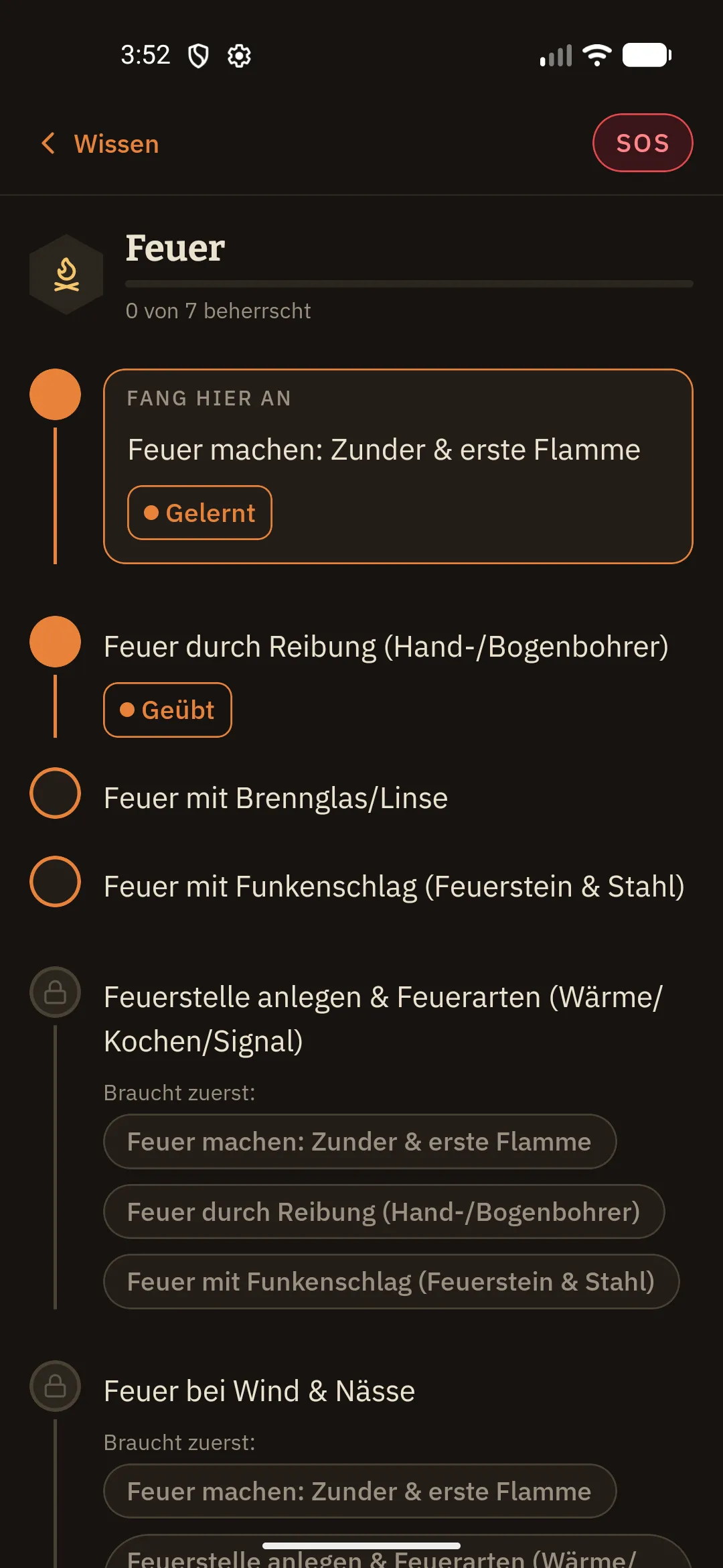 Skill-Baum in der Urfunke-App mit bereits abgeschlossenen Fähigkeiten